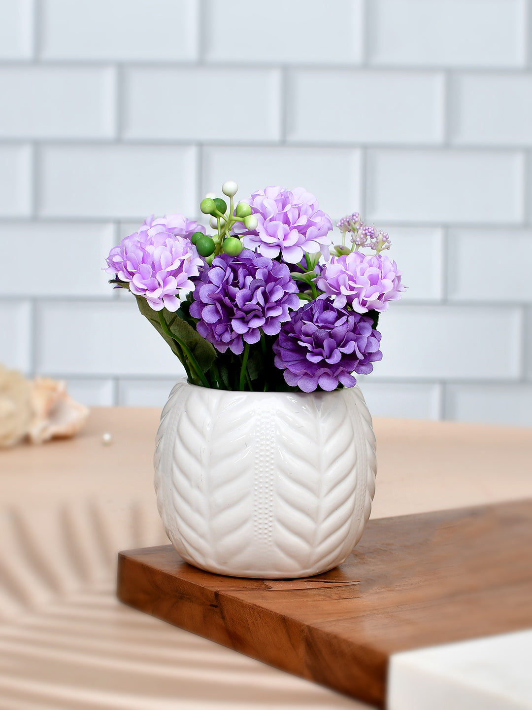Artificial Lilac Hues Flowers with a White Textured Planter