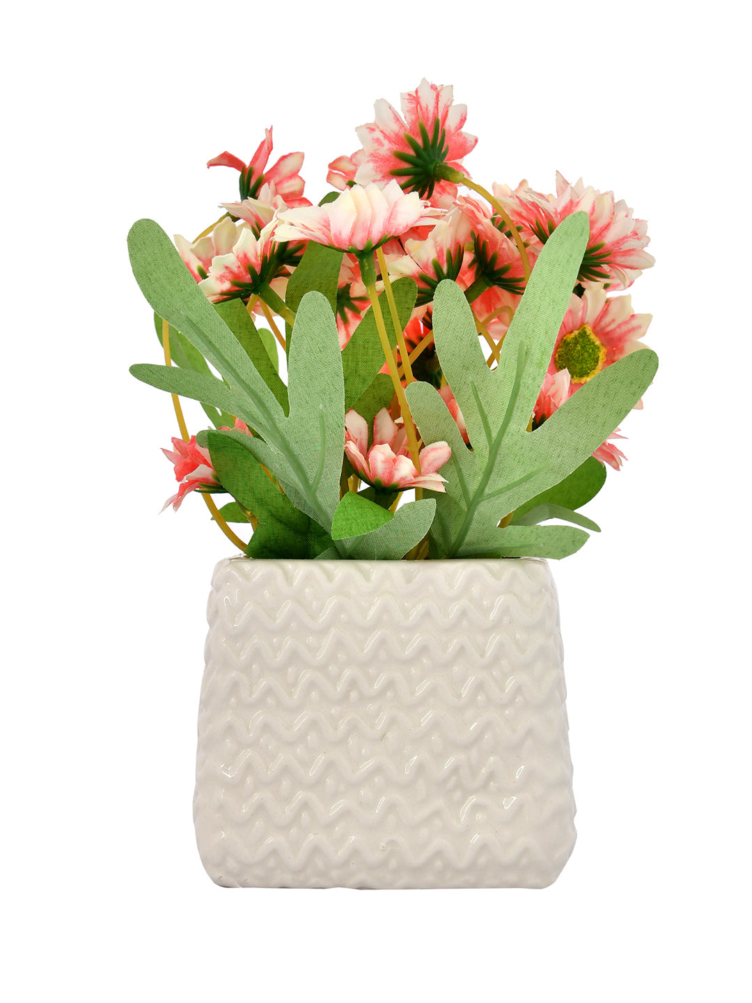 Set of 2 White Ceramic Pots with Pink Artificial Daisies