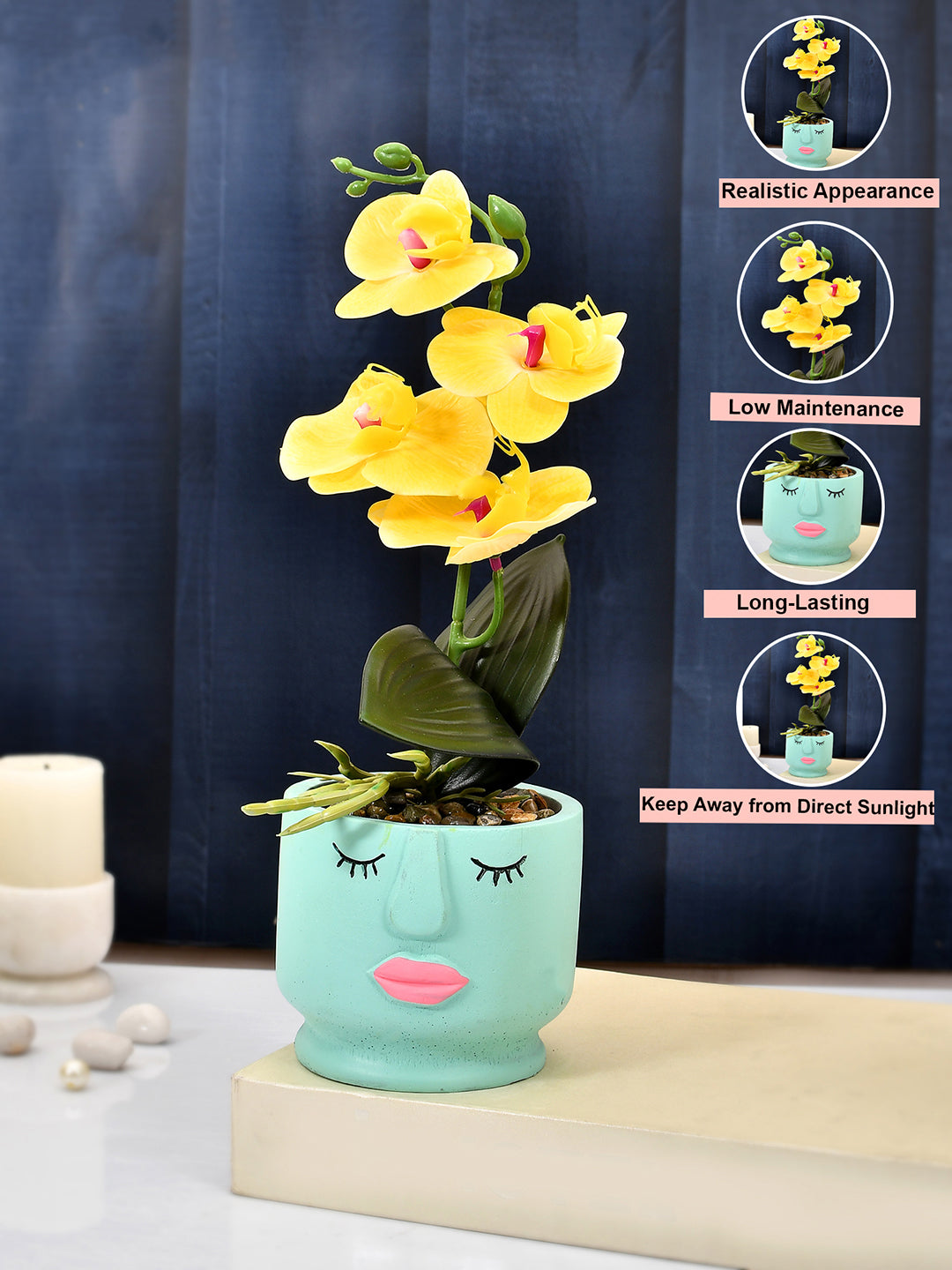 Artistic Blue Face Planter with Yellow Artificial Orchids