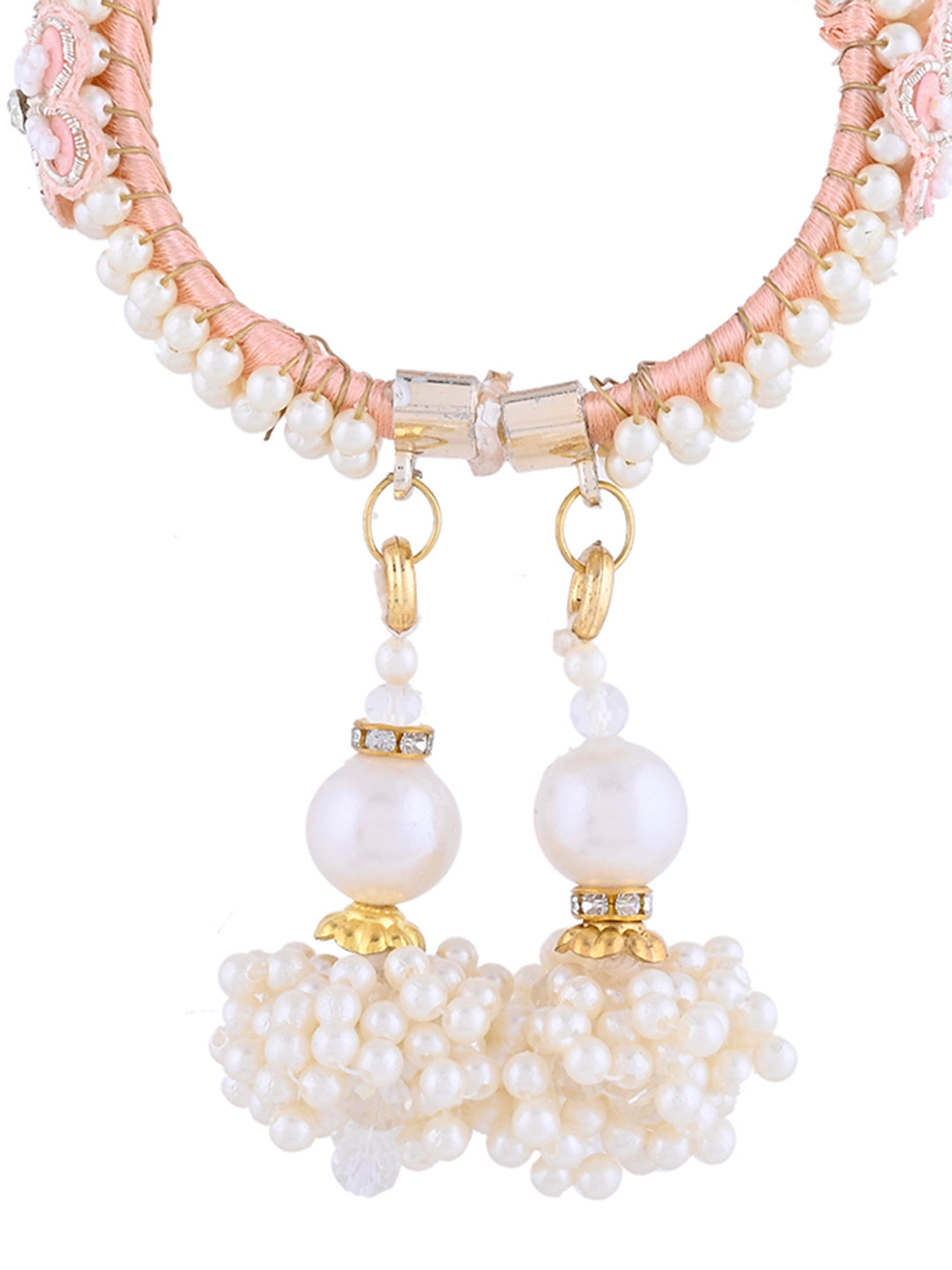 Soft Peach Pearl Bracelet Rakhi for Bhabhi with Dual Latkan Drops