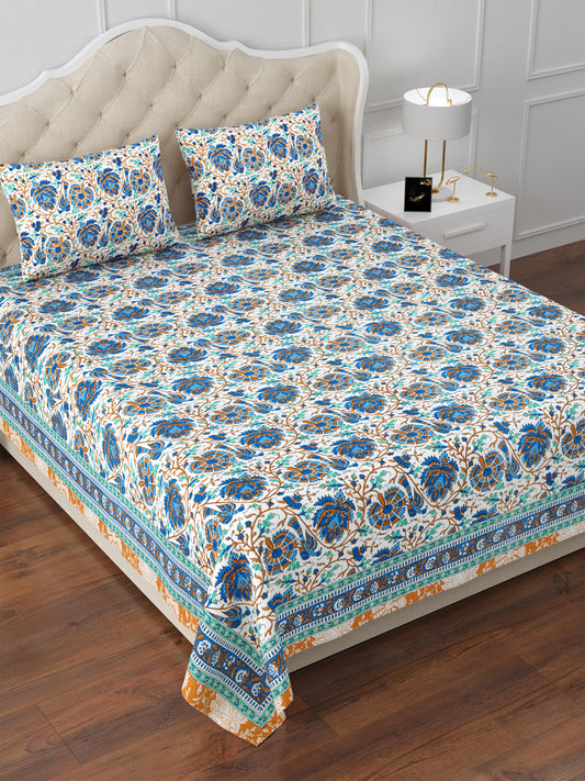 Blue & Orange Rajwada Rosewood Cotton Double Bedsheet with 2 Pillow Covers