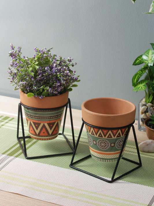 Brown Printed Pot with Stand Set-2
