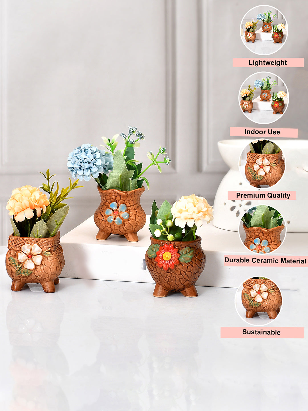 Set of 3 Nature's Embrace Painted Ceramic Planters