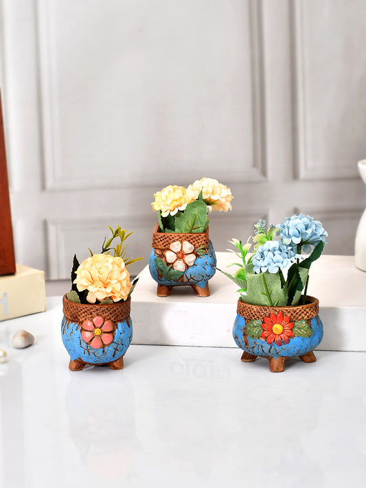 Set Of 3 Enamel Painted Flower Design Ceramic Planters