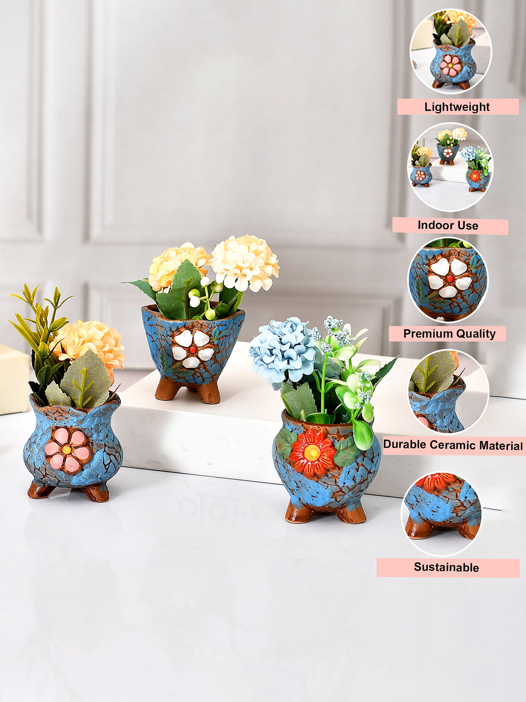 Set Of 3 Enamel Painted Flower Design Ceramic Planters
