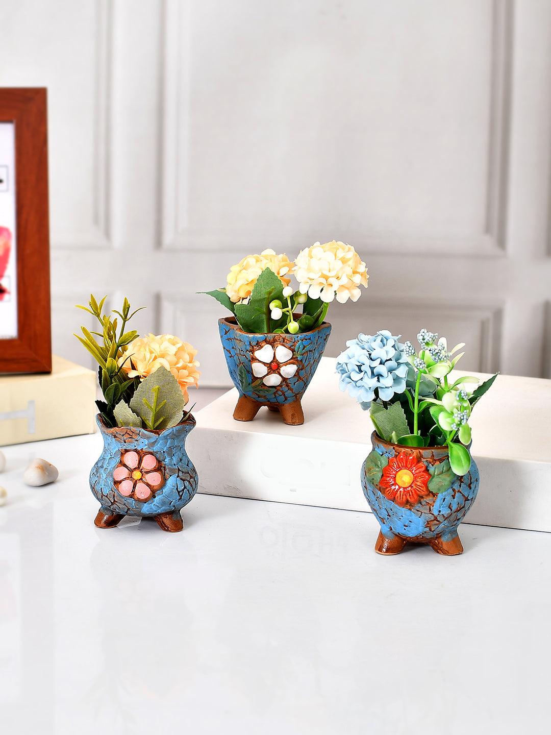 Set Of 3 Enamel Painted Flower Design Ceramic Planters