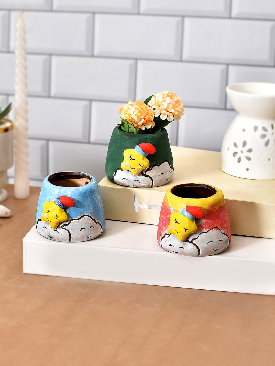 Set Of 3 Enamel Painted Multi-Coloured Planters