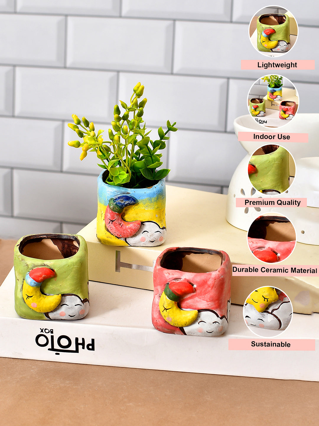 Set Of 3 Enamel Painted Multi-Coloured Cube Planters