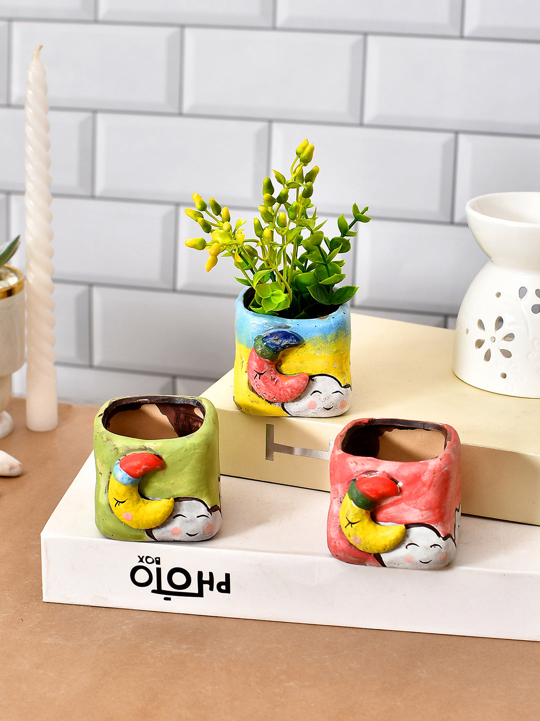Set Of 3 Enamel Painted Multi-Coloured Cube Planters