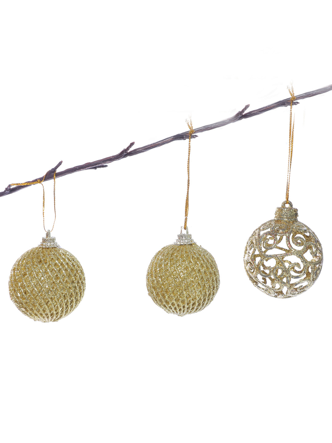 Set of 6 Golden Glitter Hanging Ball Ornaments