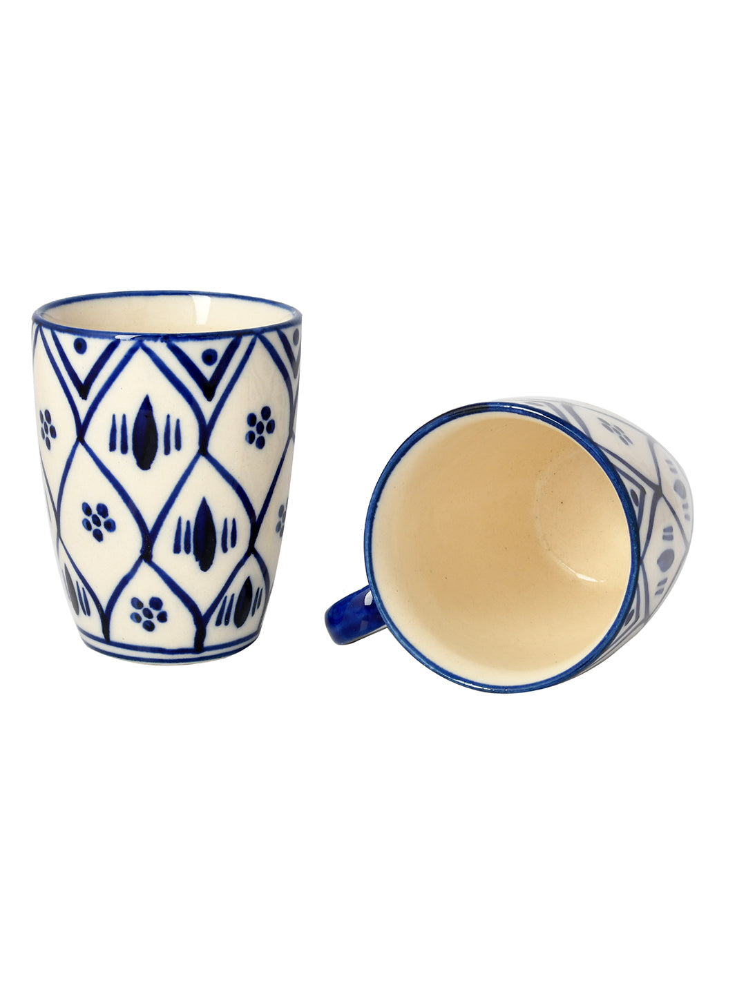 Set of 2 Glossy Blue & White Ceramic Cups