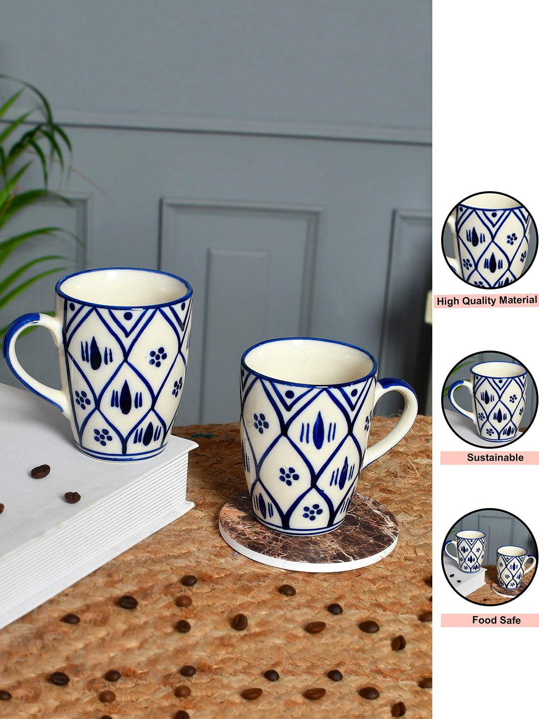 Set of 2 Glossy Blue & White Ceramic Cups