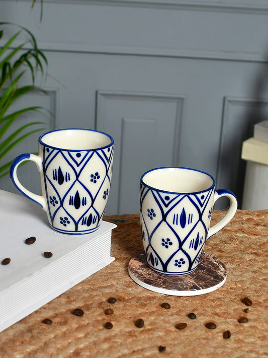 Set of 2 Glossy Blue & White Ceramic Cups