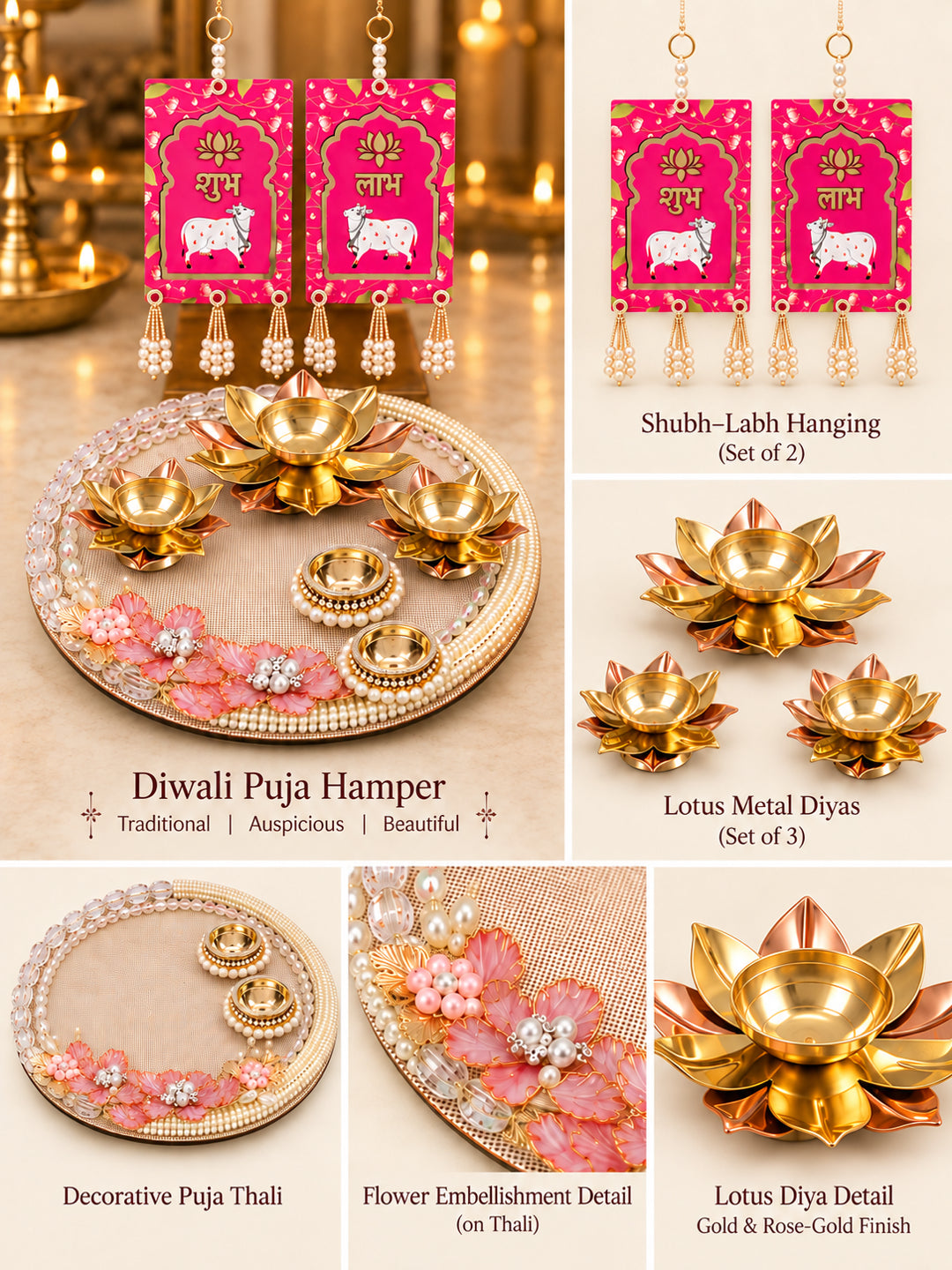Auspicious Handcrafted Diwali Pooja Thali with 2 Decorative Diyas & Shubh Labh Diwali Hamper