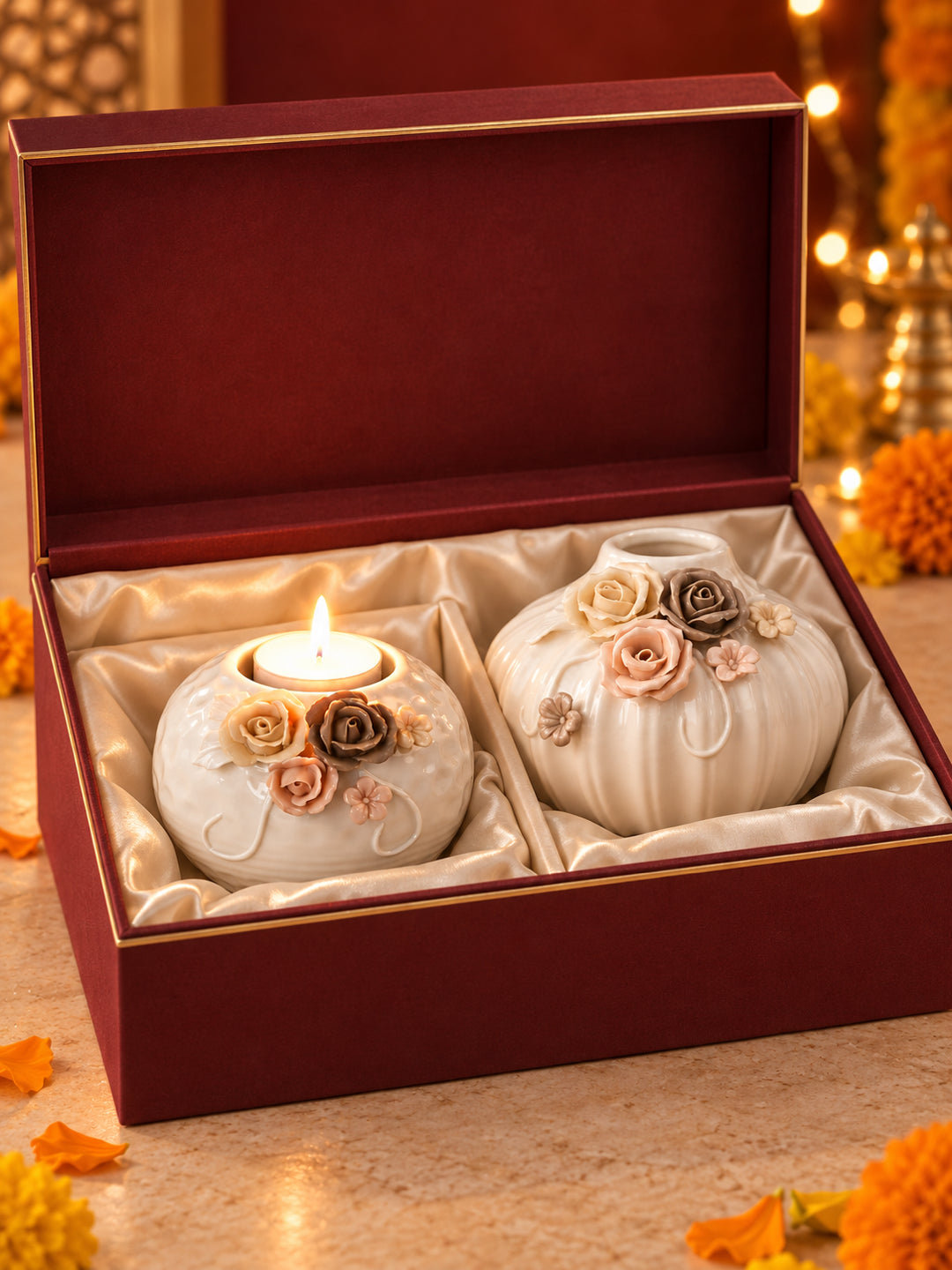 Handcrafted White Ceramic Flower Vase and Matching Tealight Candle Holder Set Diwali Hamper