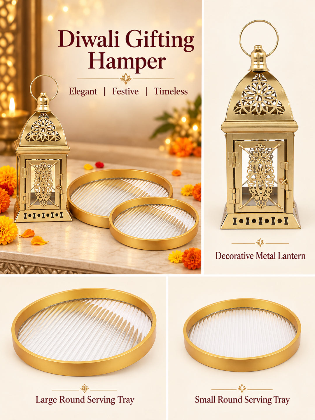 Brass Finish Metal Lantern with Set of 2 Golden Hammered Serving Trays & Potli Diwali Hamper