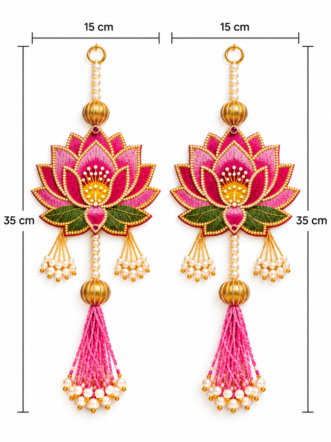Decorative Handcrafted Lotus MDF Wall Hanging Pair with Pearl Strands (35x15 cm, Pink)