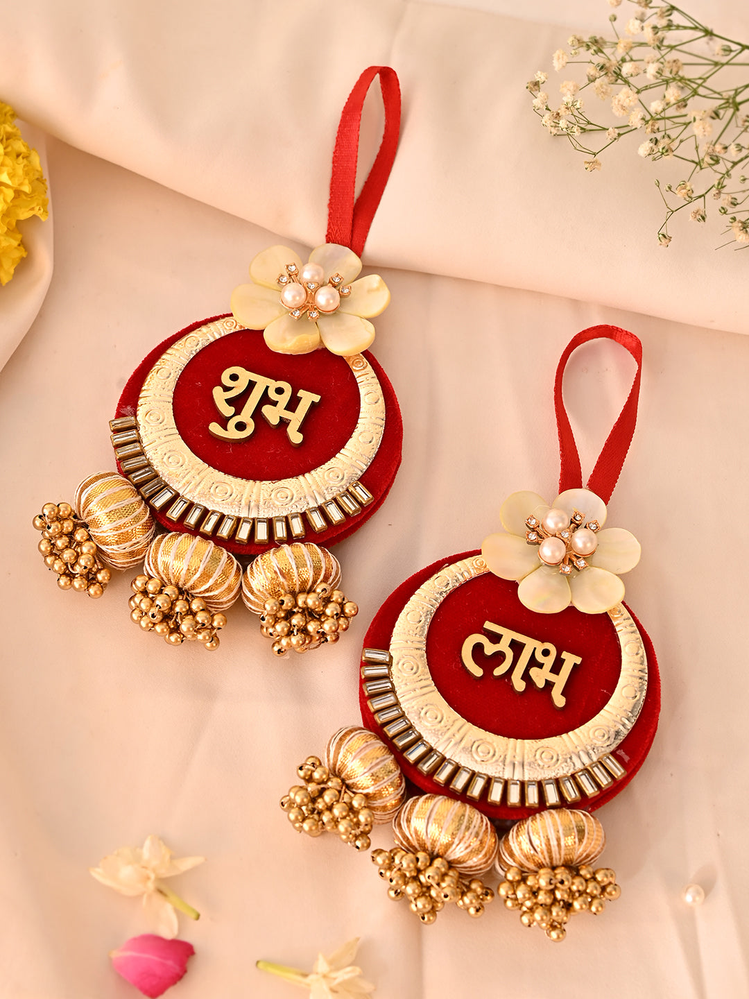 Shubh Labh Door Hanging in Velvet & Floral Design – Festive Decor Charm