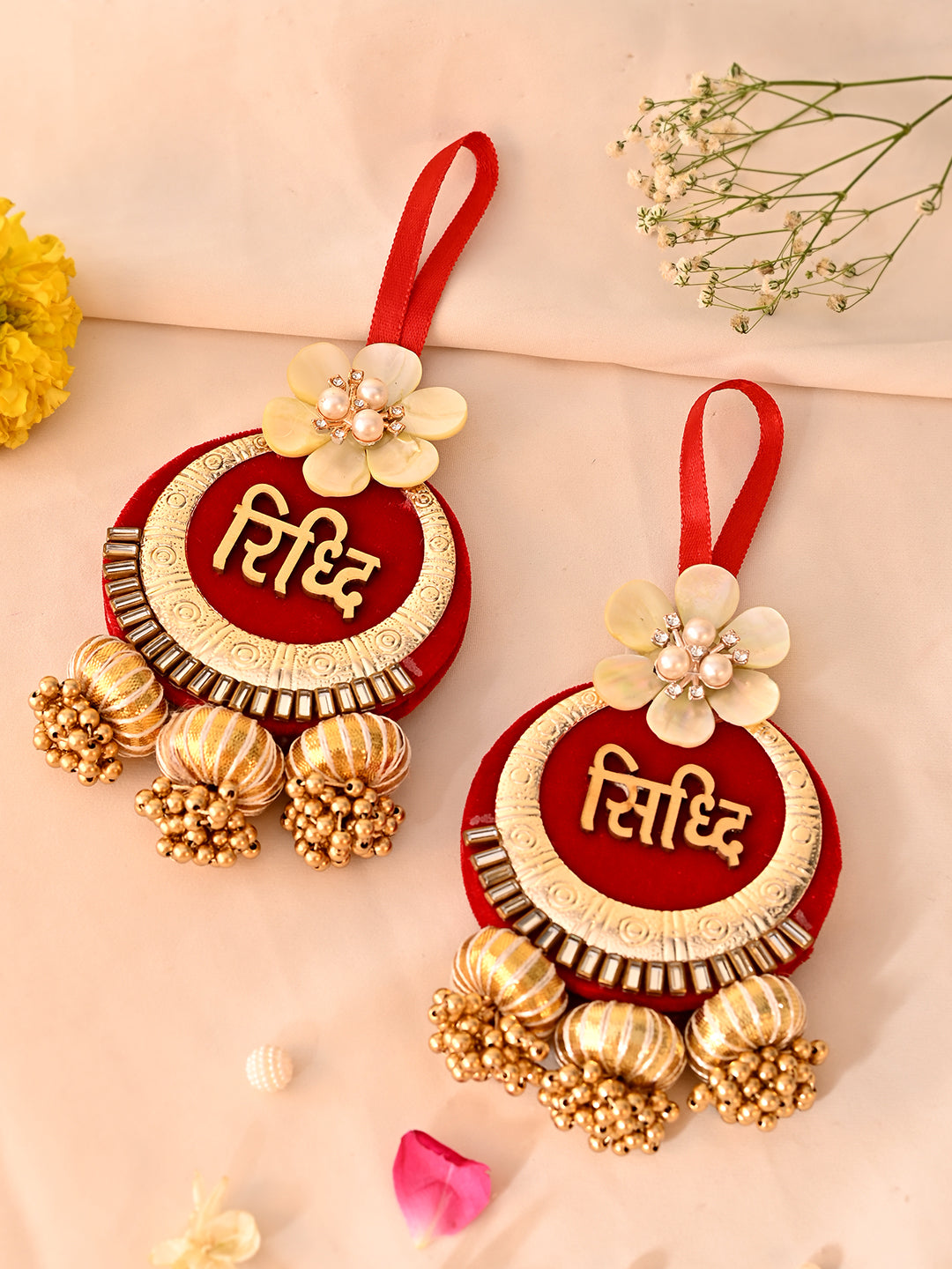 Siddhi Riddhi Door Hanging in Velvet & Floral Design– Festive Decor Charm