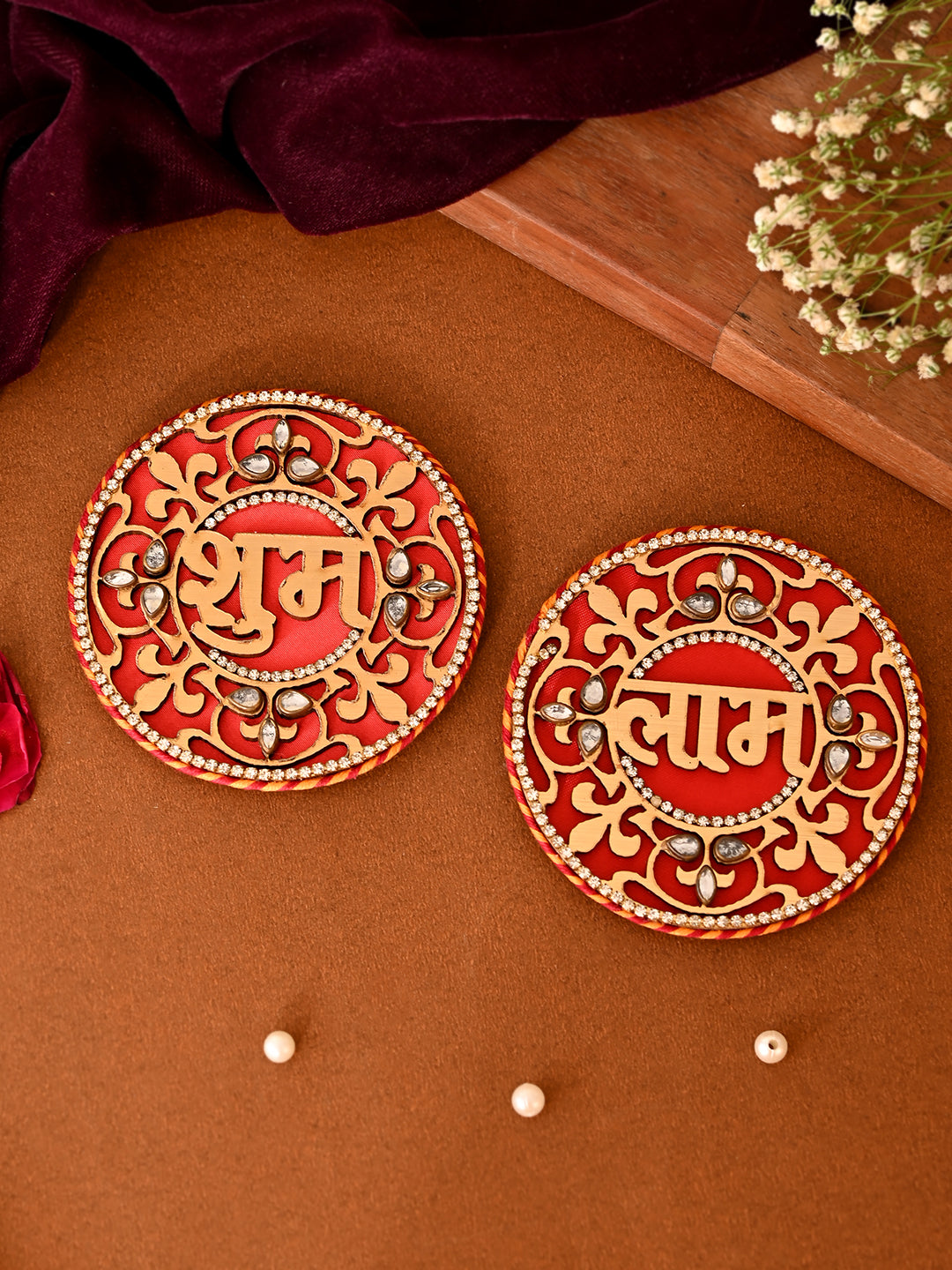 Laser-Cut Shubh Labh Pair with Kundan Detailing – Ethnic Wall Art