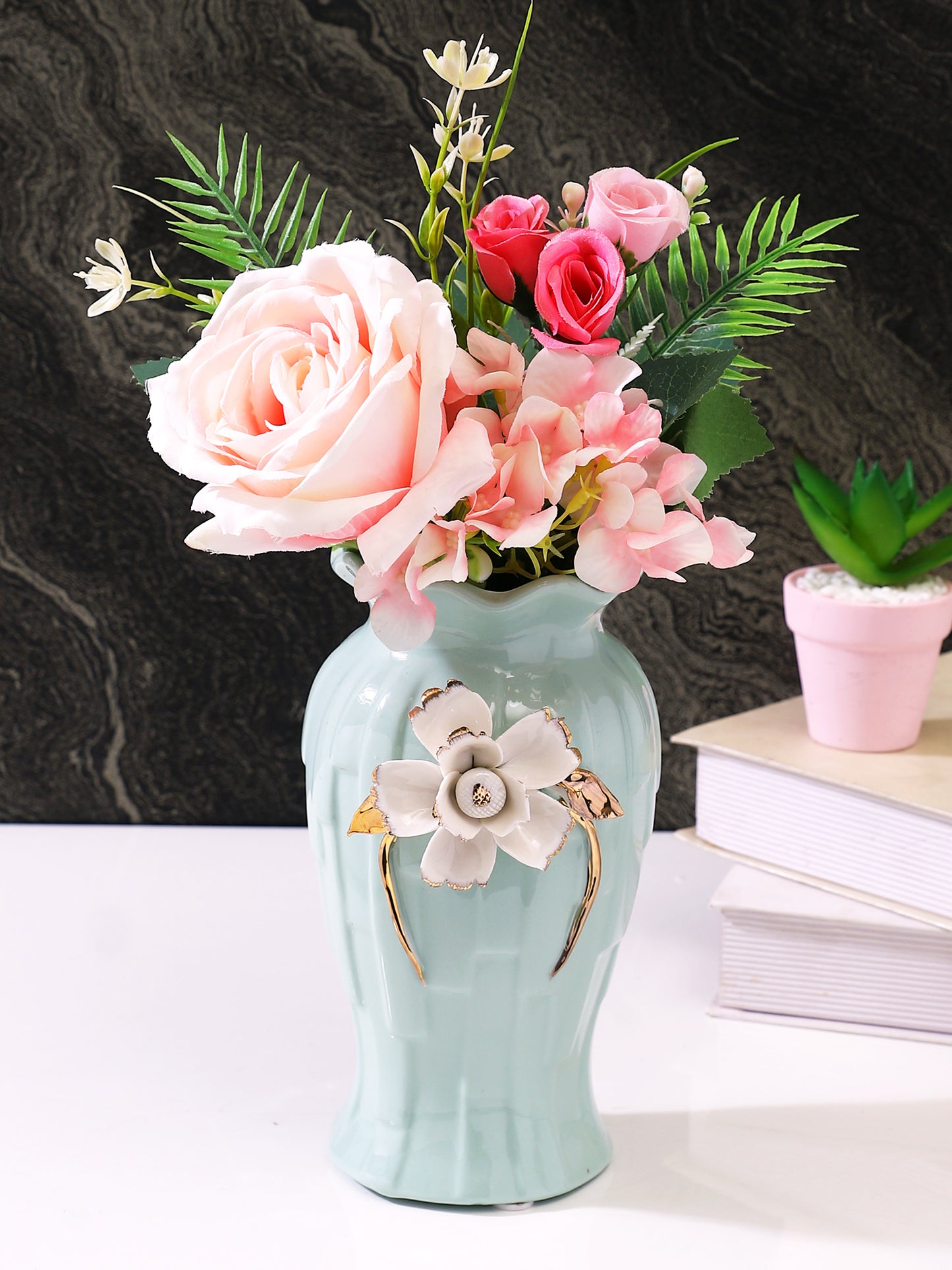 Pink & Green 2 Pieces Rose Artificial Flower