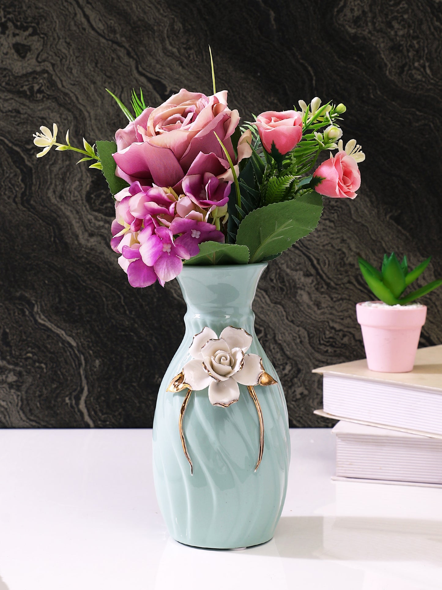 Purple & Green 2 Pieces Rose Artificial Flower
