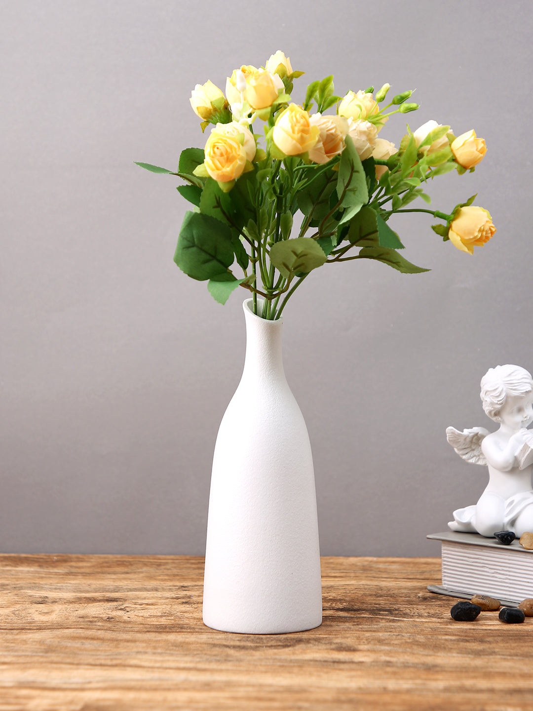 Yellow And Green 2 Pieces Rose Buds Artificial Flowers With Pot
