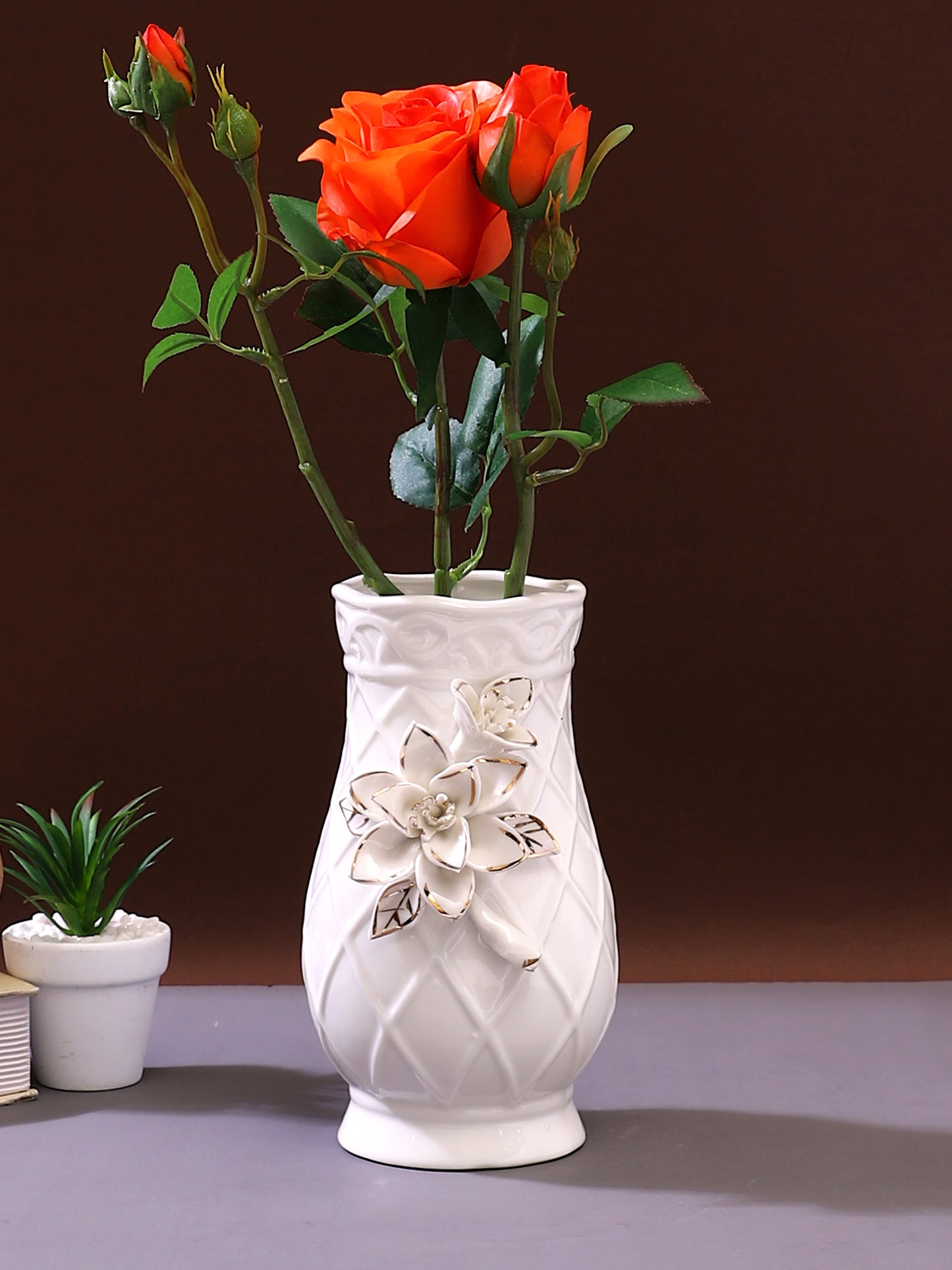 Orange And Green 2 Pieces Rose Artificial Flower