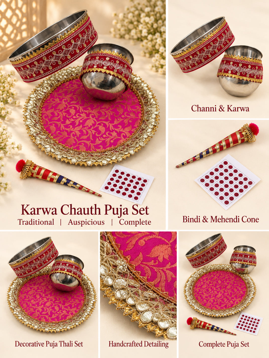 Handcrafted Pink Gota Patti Karwa Chauth Thali Set