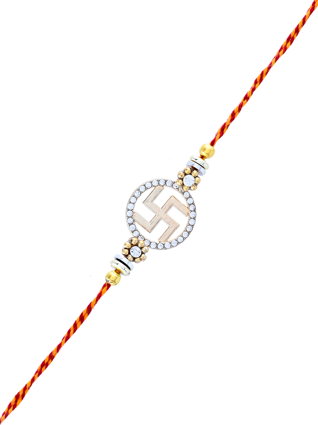 Swastik Rakhi with Stone-Studded Round Design and Sacred Thread