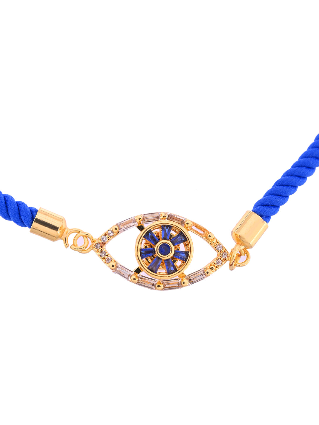 Premium Handcrafted Evil Eye Rakhi With Blue Thread And Gold Finish