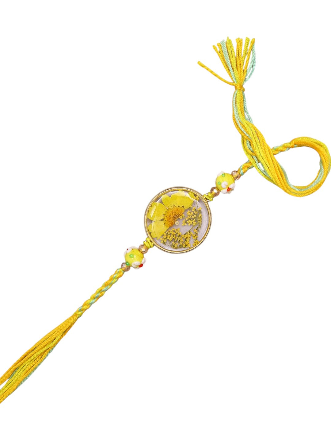 Ethnik Yellow Flower Rakhi With Resin Centerpiece And Braided Handmade Dori