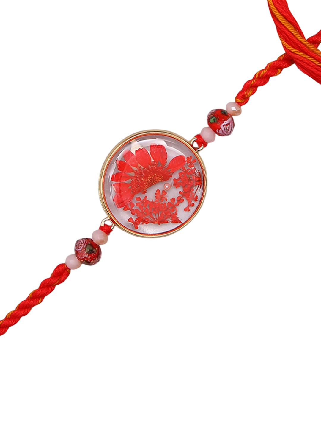 Artisanal Floral Resin Rakhi With Handcrafted Orange Thread And Rustic Beads
