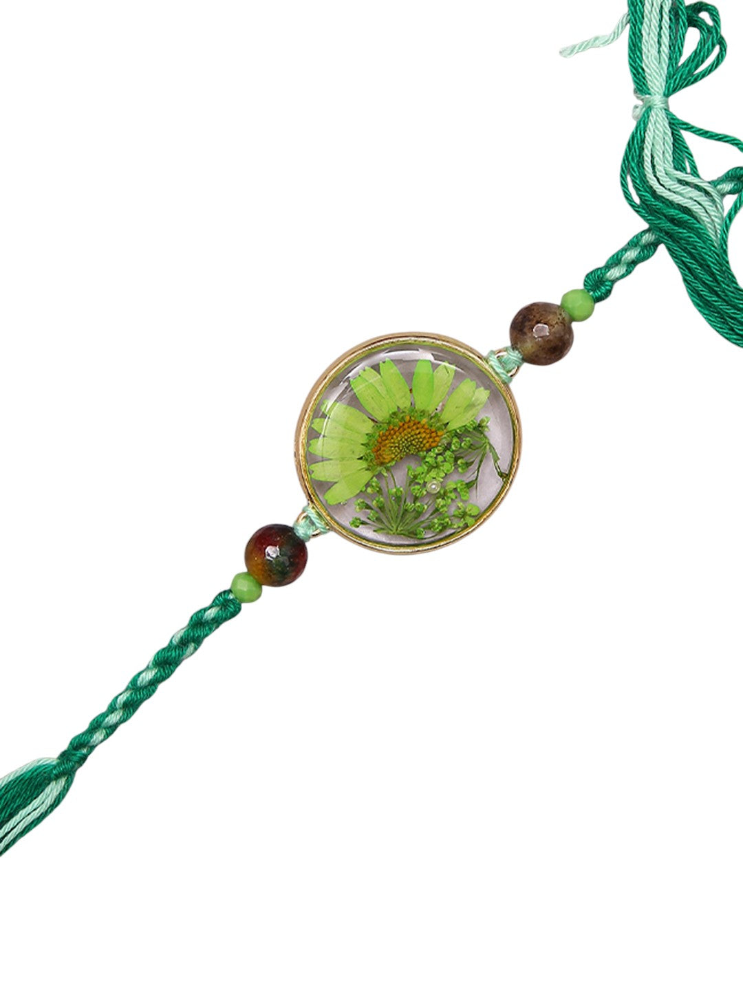 Nature Inspired Green Resin Rakhi With Leafy Motif And Silk Thread Accent