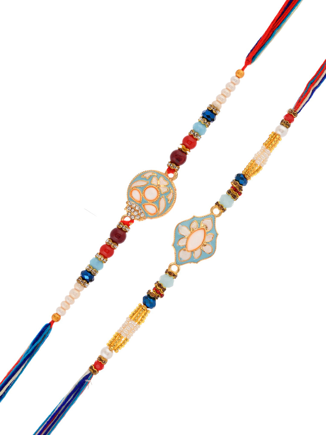 Set of 2 White & Blue Eanameled Multi Beaded Rakhi