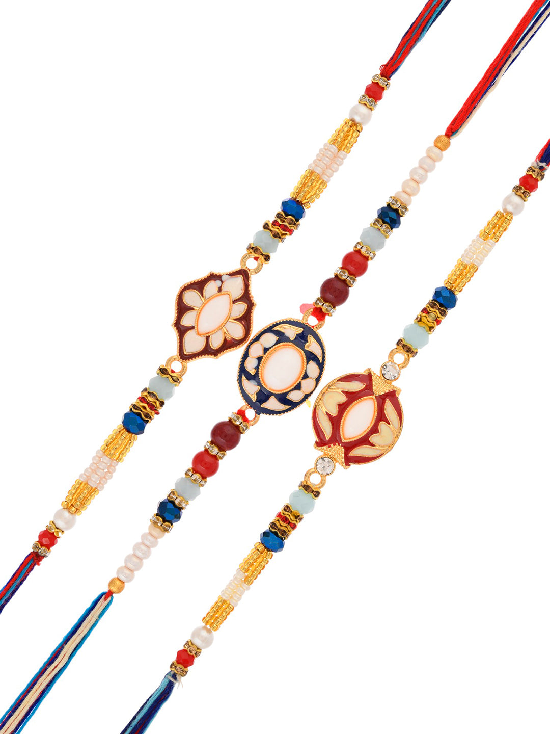 Set of 3 White Floral Enameled Multistrand Rakhi