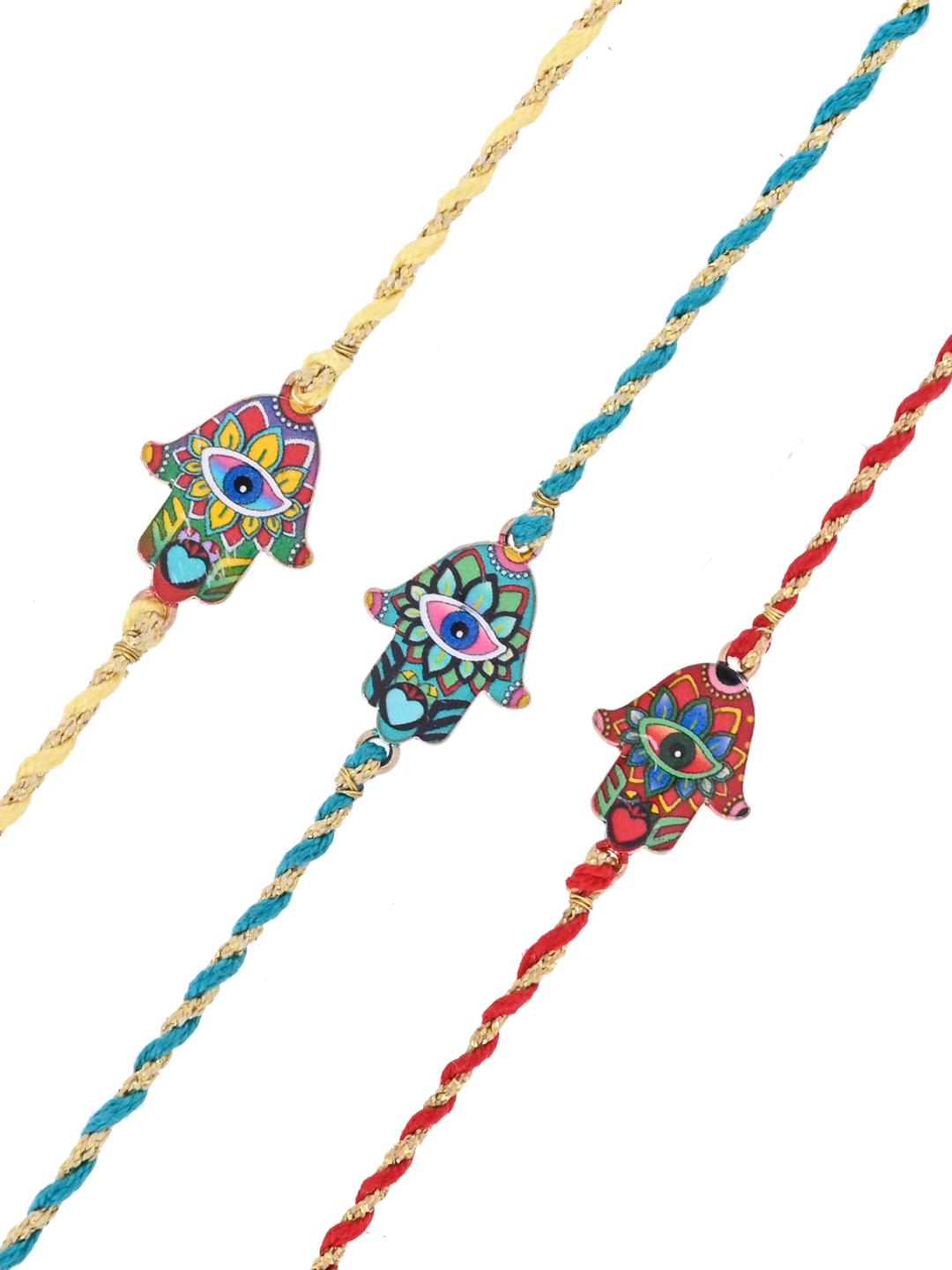 Set of 3 Hamsa Evil Eye Bhaiya Rakhis in Mosaic Enamel Detailing