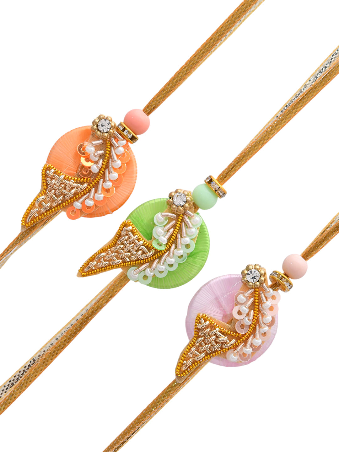 Handcrafted Zardosi Rakhi Set of 3 with Elegant Beads and Motifs