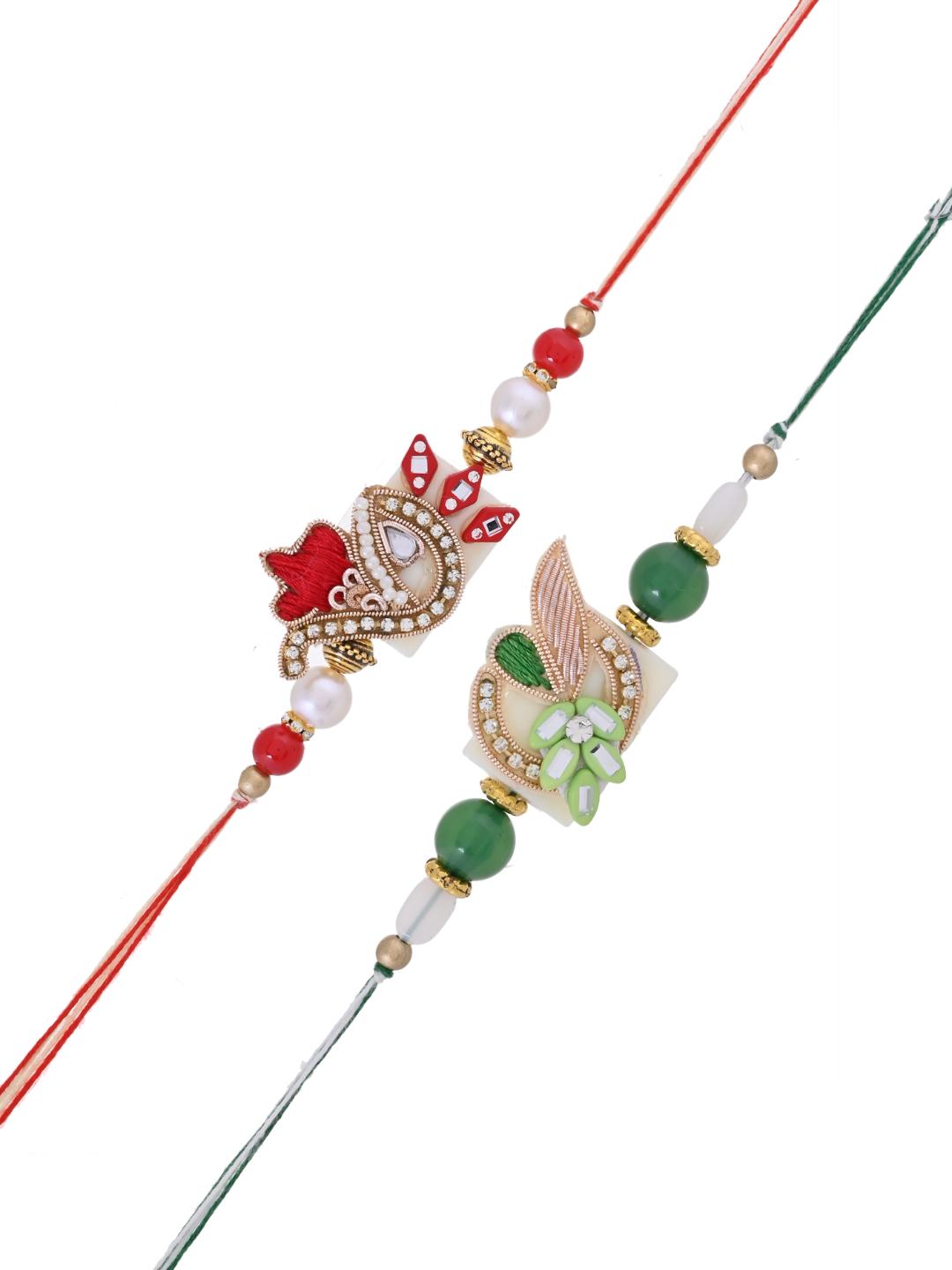 Handpicked Traditional Pearl Zardosi Rakhi Set of 2 for Brother
