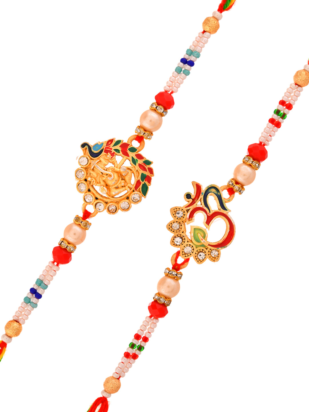 Designer Set Of 2 Religious Rakhis With Om Ganesha And Crystal Work