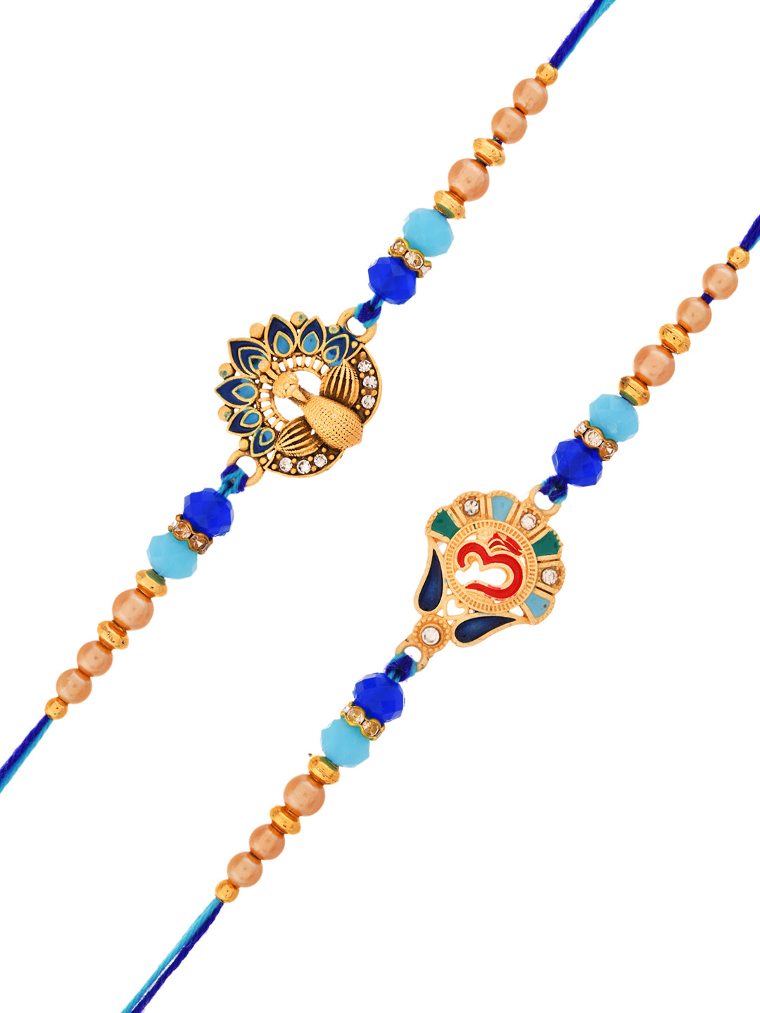 Handcrafted Ethnic Rakhi Set with Peacock and Om Metal Motifs