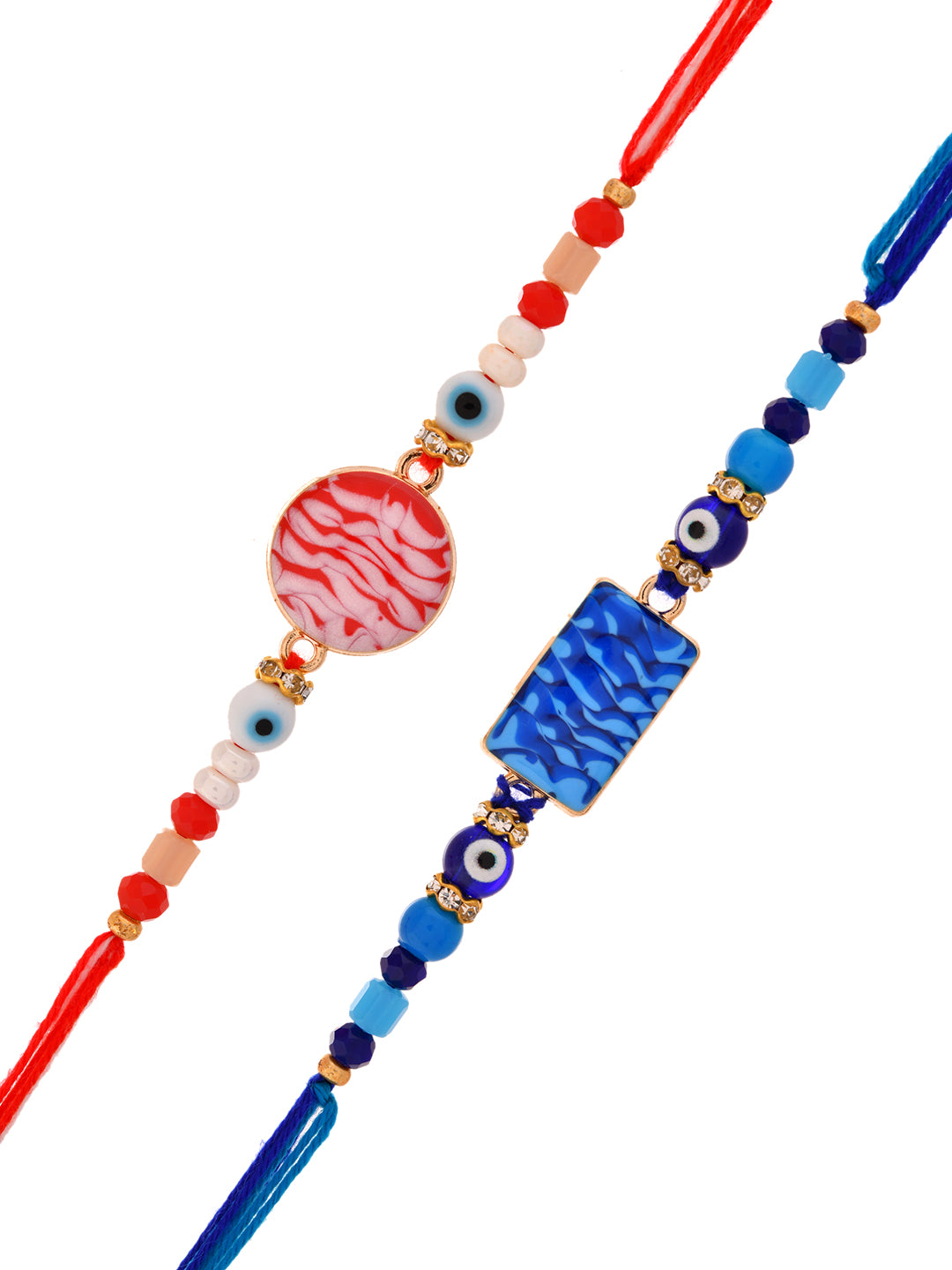 Modern Rakhi Combo With Red And Blue Evil Eye Ceramic Motifs