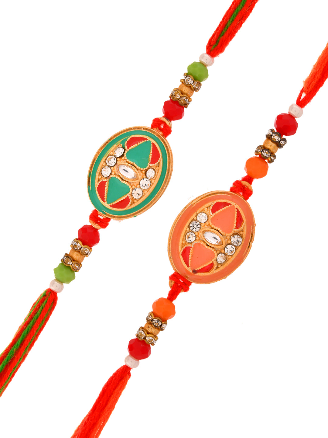 Graceful Rakhi Pair with Intricate Enamel and Threadwork