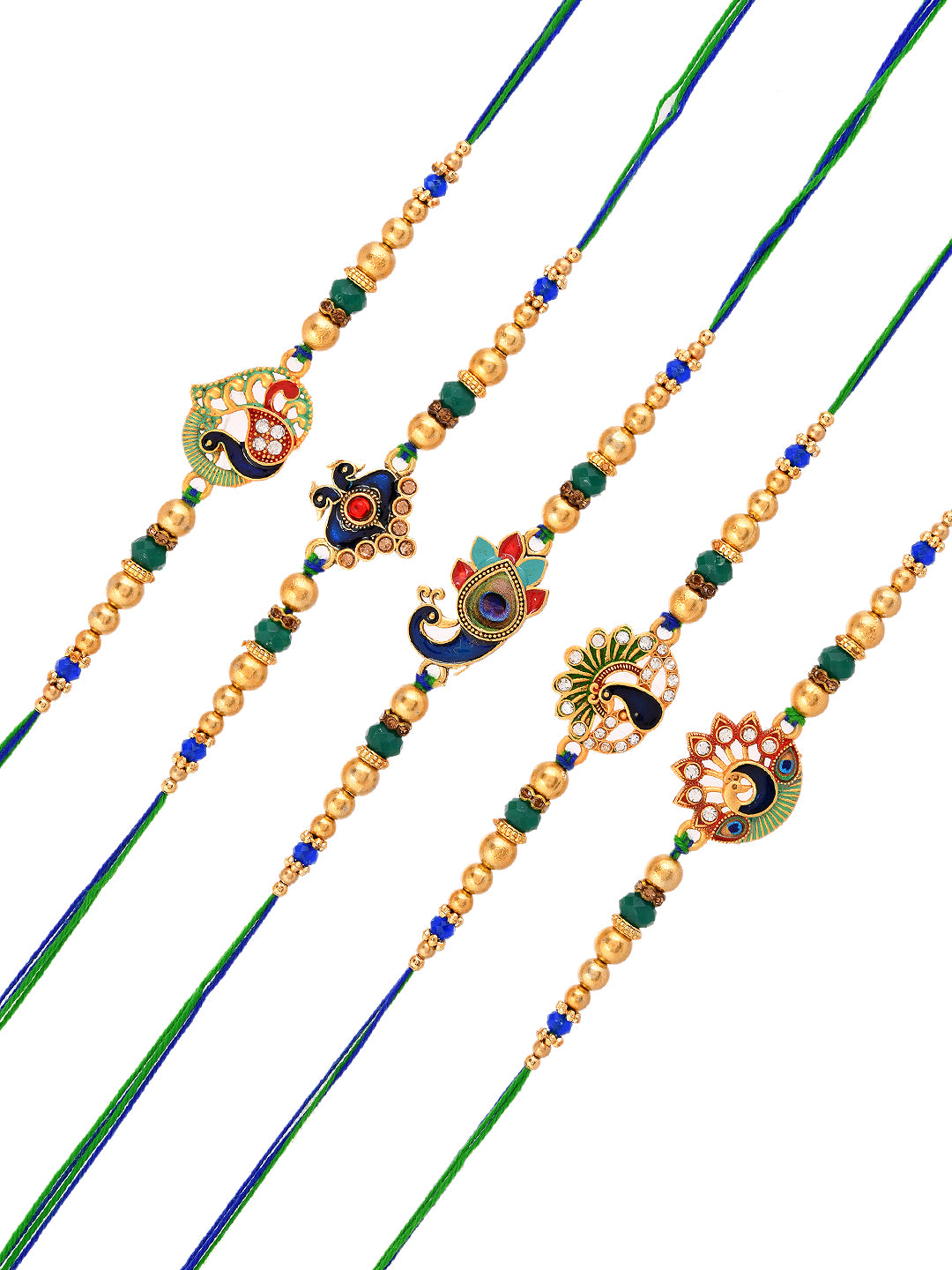 Set Of 5 Ethnic Rakhis With Kundan Meenakari Peacock Motifs And Regal Finish