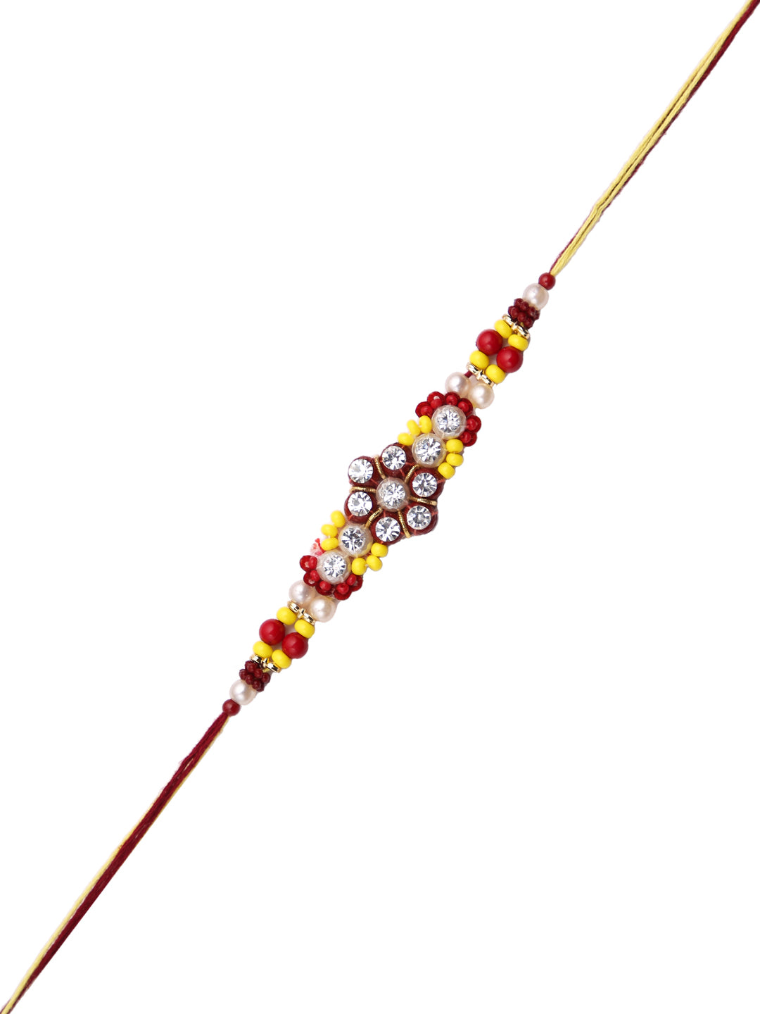 Yellow & Red Stones Beads Studded Floral Shape Rakhi