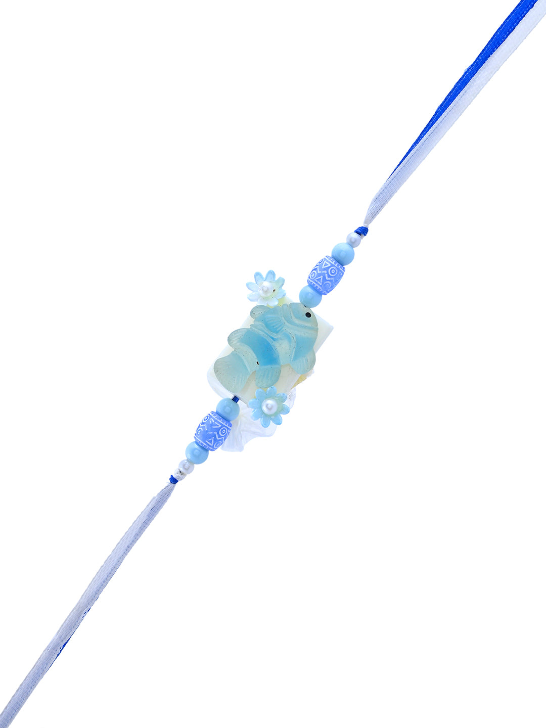Aqua Fish Kids Rakhi with Blue Beads and Pearl Flowers