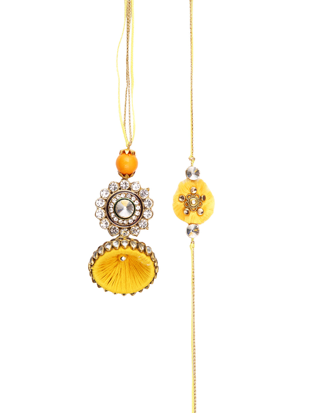 Auspicious Golden Flower with Yellow Dome Shaped Lumba Bhaiya Bhabhi Rakhi Set