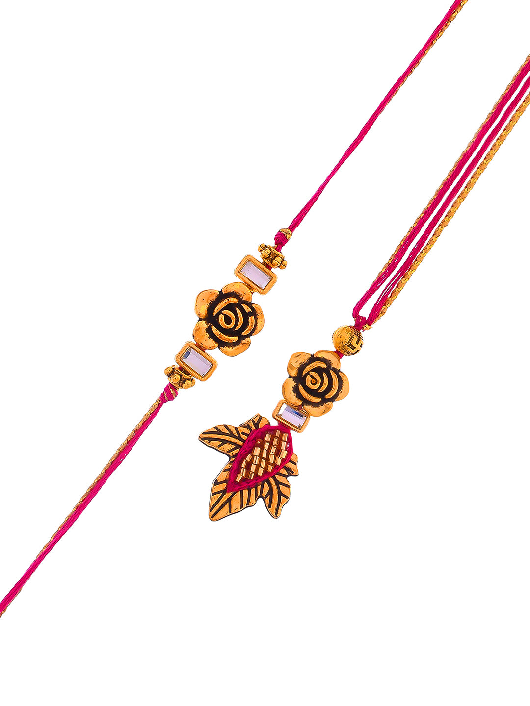 Beautiful Gold Rose & Leaf Bhaiya Bhabhi Rakhi Set