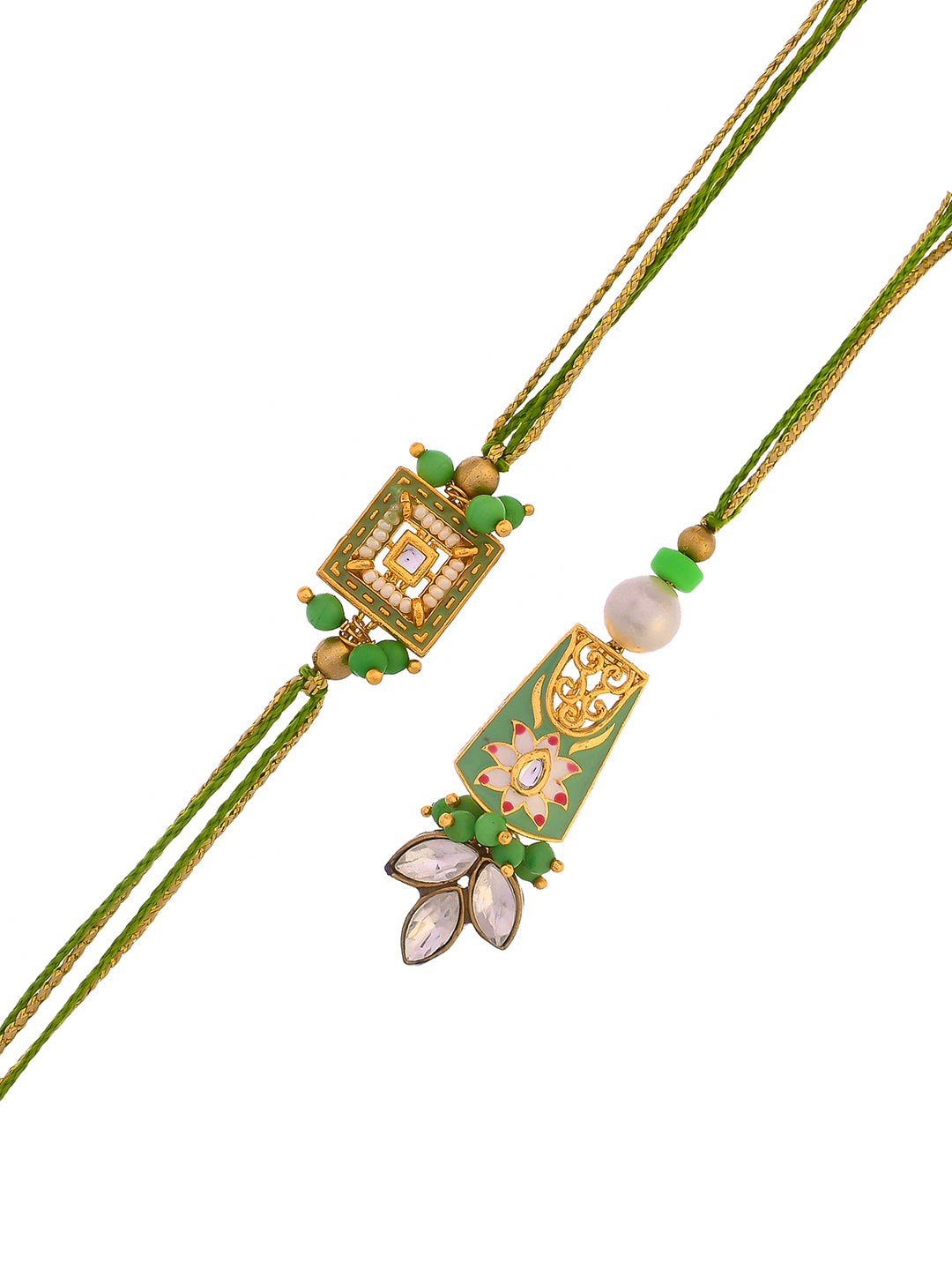 Pista Green Beads and Kundan Embellished Bhaiya Bhabhi Rakhi Set