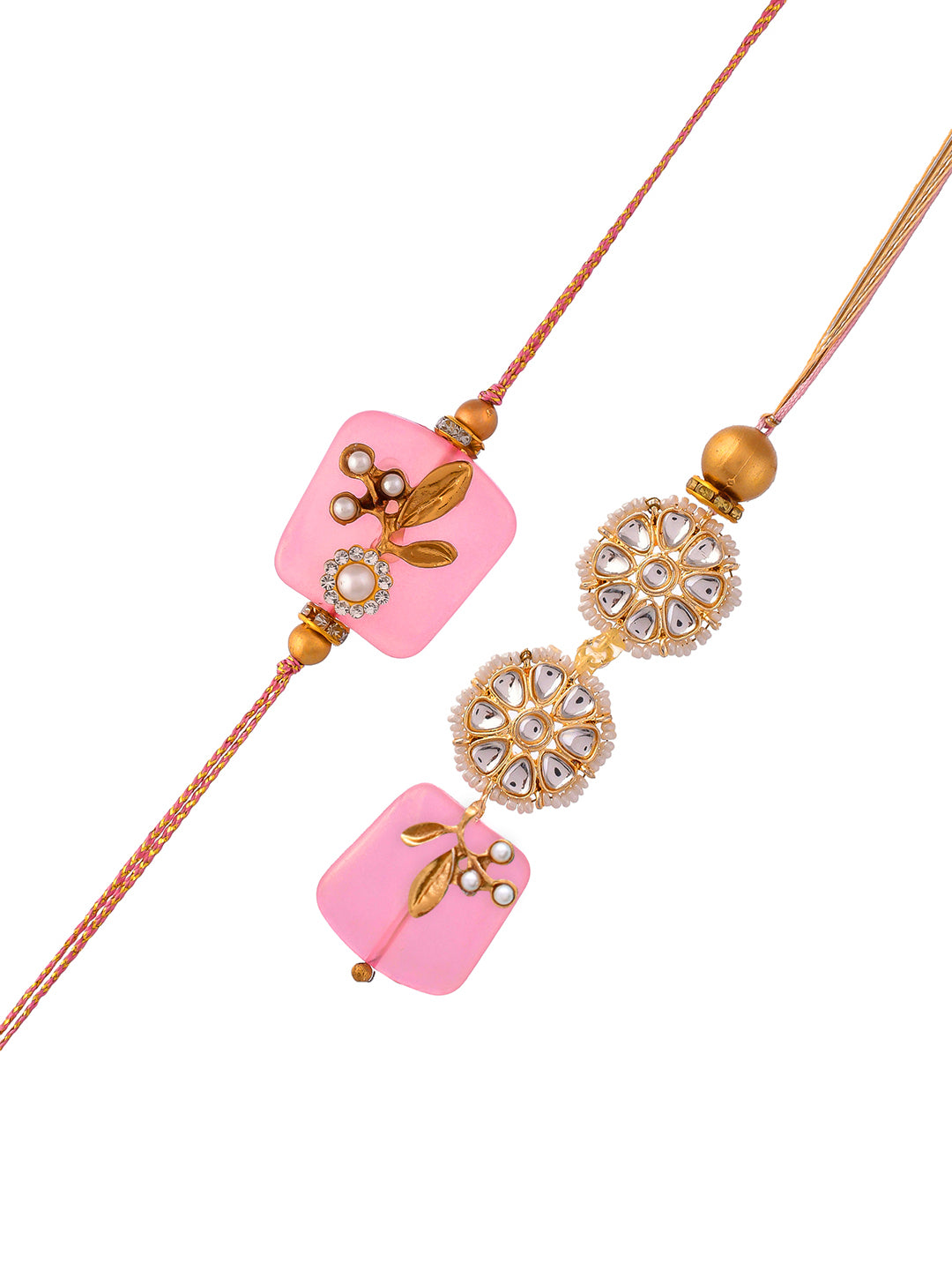 Kundan Crafted In Beautiful Floral Patterned Pink Crystal Bhaiya Bhabhi Rakhi Set